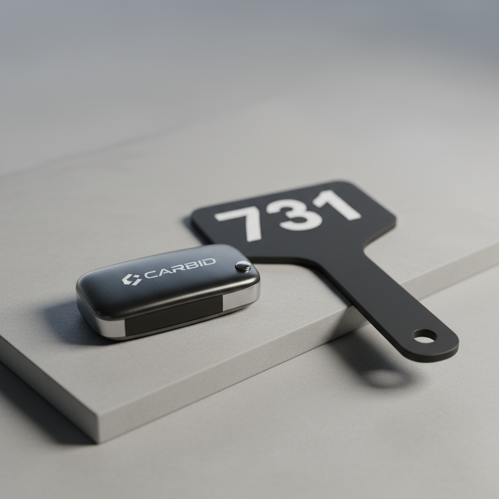 A sleek, dark metallic car key fob with a subtle CARBID logo embossed in silver, resting on a smooth, light gray concrete surface. Beside it lies a minimal, matte-black auction paddle displaying a bold, white lot number. Soft, diffused studio lighting from the upper left creates gentle highlights on the metallic edges and casts clean, controlled shadows, emphasizing the product shapes without clutter. The background softly fades into a neutral gradient, keeping the focus on the central objects. Shot from a slightly elevated, eye-level hybrid angle with a shallow depth of field, the composition is centered and perfectly balanced. The atmosphere is professional, calm, and confident, reflecting a modern, corporate aesthetic in photographic realism.