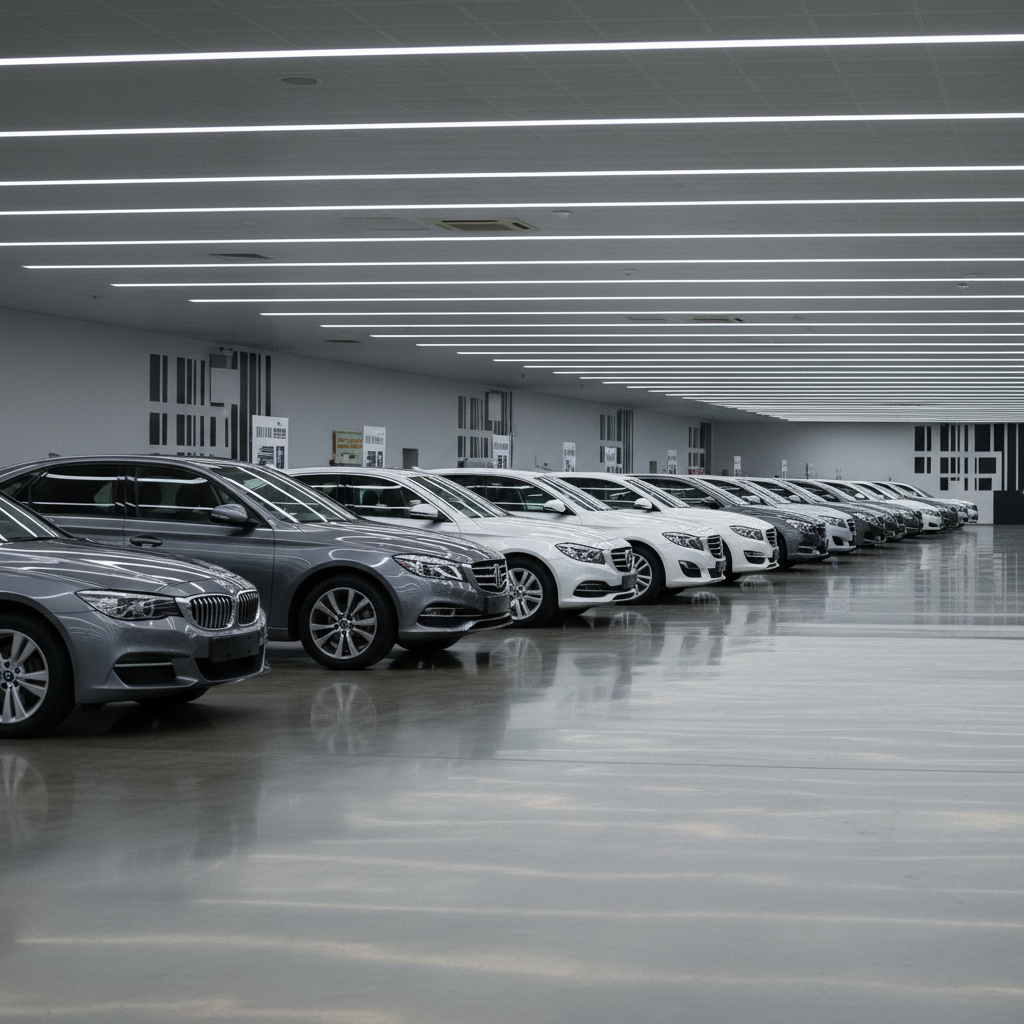 A row of high-end, late-model sedans and SUVs in neutral colors—silver, charcoal, and white—parked in perfect alignment inside a pristine, modern auction hall. The polished concrete floor reflects the vehicles with subtle gloss, and minimal signage with abstract bar-code style graphics hints at organized bidding and tracking. Overhead, linear LED lights cast clean, even illumination, creating crisp reflections along the cars’ body lines. The mood is orderly and professional, with a structured, corporate atmosphere. Captured at eye level with a wide-angle lens, the composition follows strong leading lines down the row of cars, maintaining sharp focus throughout. The overall style is clean, photographic realism with a restrained color palette and uncluttered environment, ideal for a business-focused landing page.