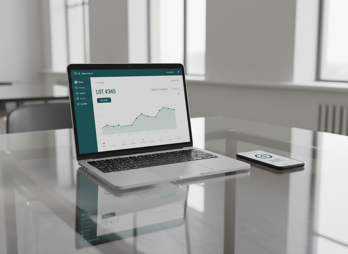 A minimalist glass desk surface holding a slim, silver laptop displaying an abstract car auction dashboard, accompanied by a matte-black smartphone showing a stylized bid notification icon. Both screens feature simple charts, lot numbers, and neutral UI elements in grayscale with a single accent color in deep teal. The workspace is set against a softly blurred background of a bright, neutral office with clean architectural lines. Natural daylight streams in from an unseen window, diffused and even, creating soft reflections on the glass and metal surfaces. Shot from an elevated three-quarter angle with a medium depth of field, the composition follows the rule of thirds. The scene feels organized, efficient, and professional, evoking a structured, corporate environment in clean, photographic realism.